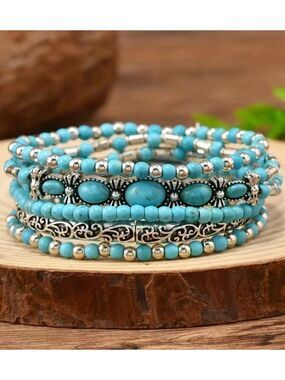 Boho-Chic Bracelet Set Vintage-Inspired Imitation Turquoise Beads Stackable 5pcs
